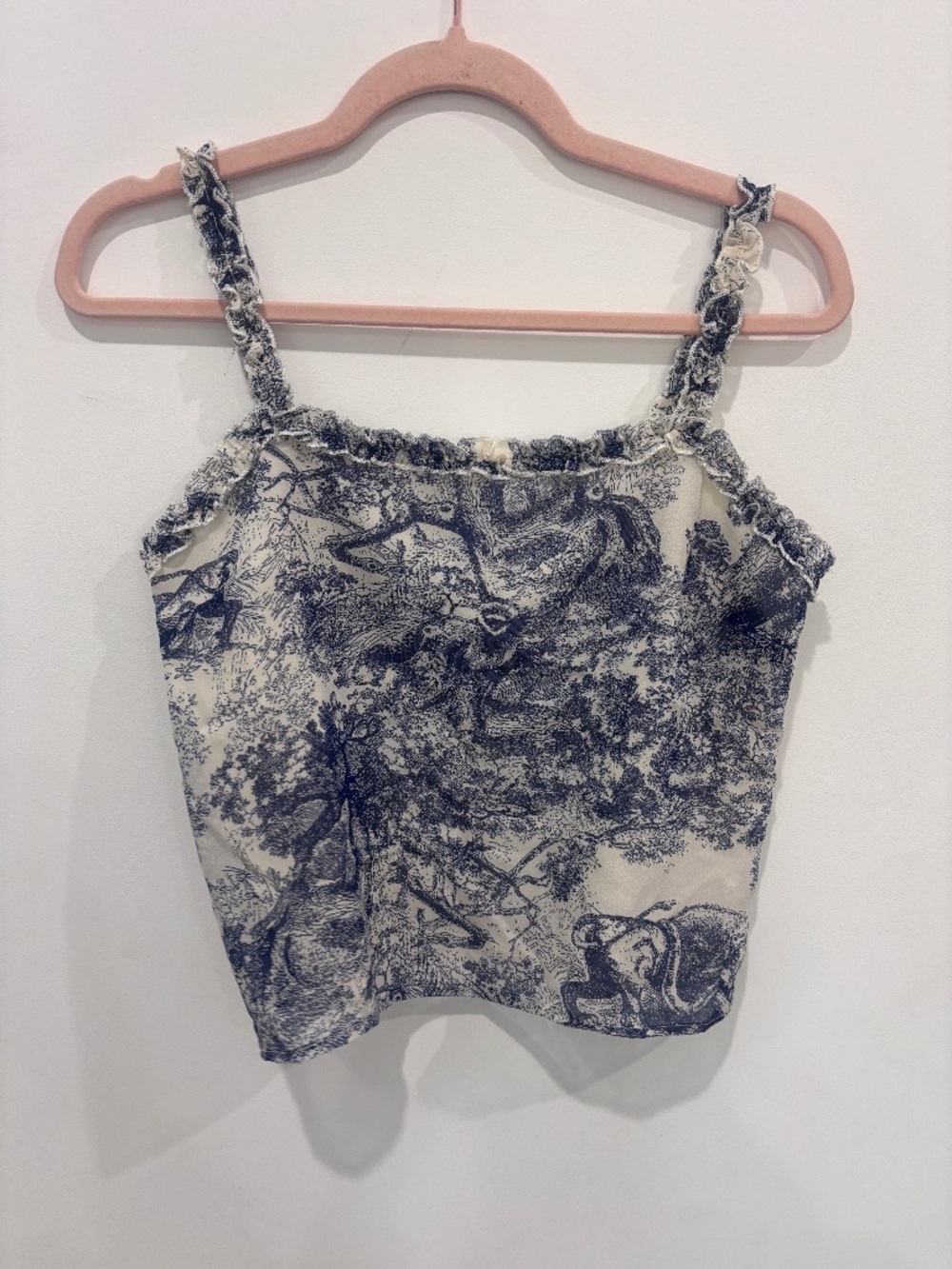 AQUA Blue Cream Toile Print Ruffle Crop Top Cami Cottagecore Women’s Small
